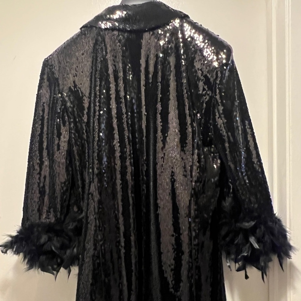River Island Shimmering Black Sequin Blazer with Feather Cuffs - Picture 7 of 7